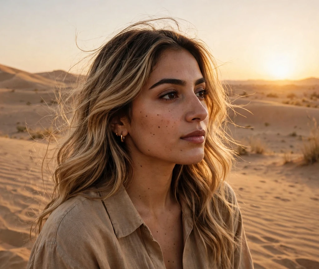 Woman with warm sand balayage hair on desert dunes at sunset