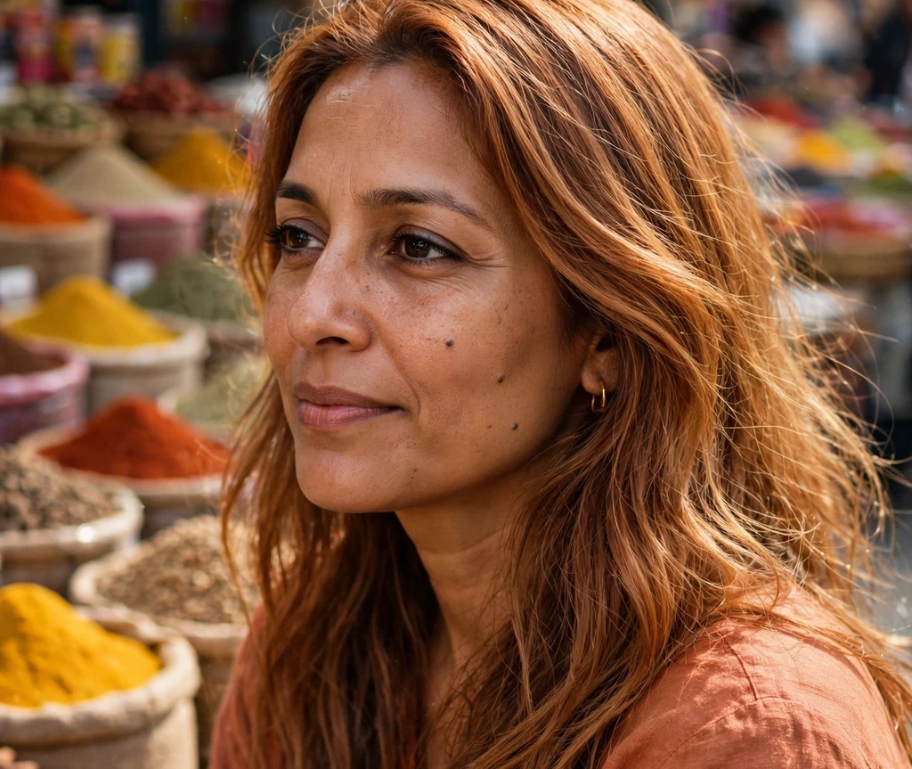Woman with light cinnamon spiced hair in a sunny spice market