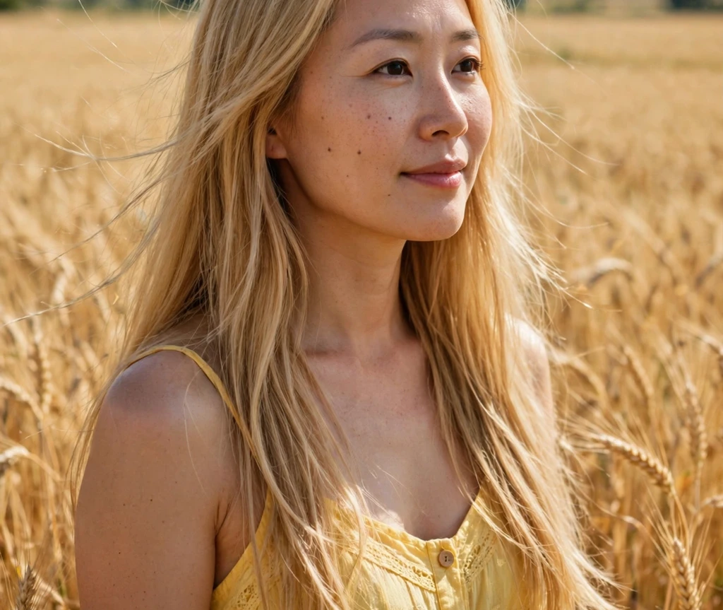 Woman with golden wheat blonde hair in a sunny wheat field