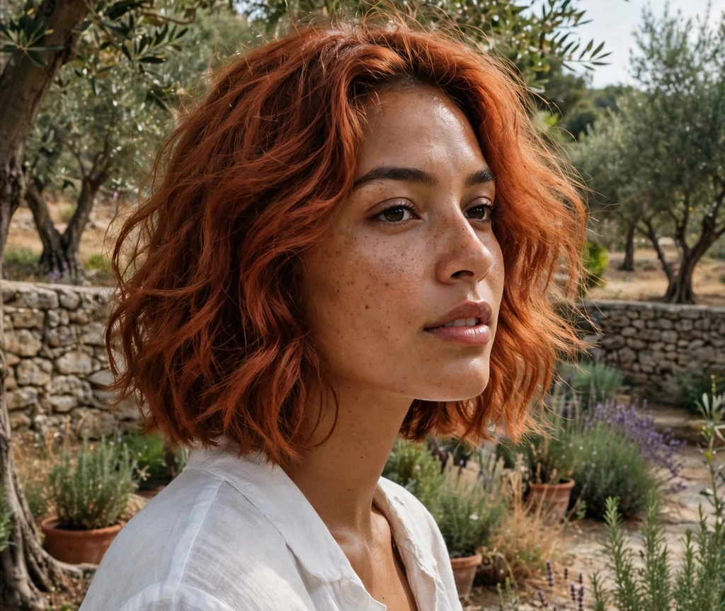 Woman with soft terracotta glowing hair in a Mediterranean garden