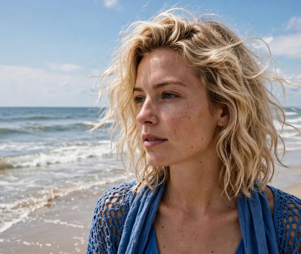 Woman with butter blonde beach waves surfing at the shoreline