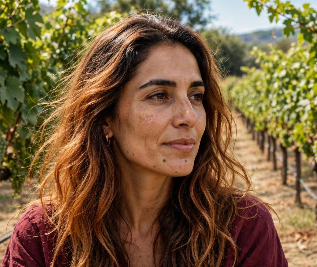 Woman with honeyed copper melted hair in a sunlit vineyard