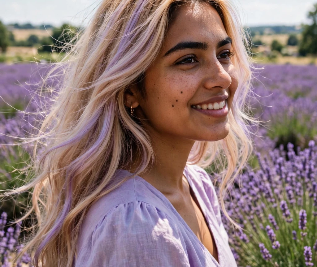 Woman with pastel lilac sunshine tinted hair in a lavender field
