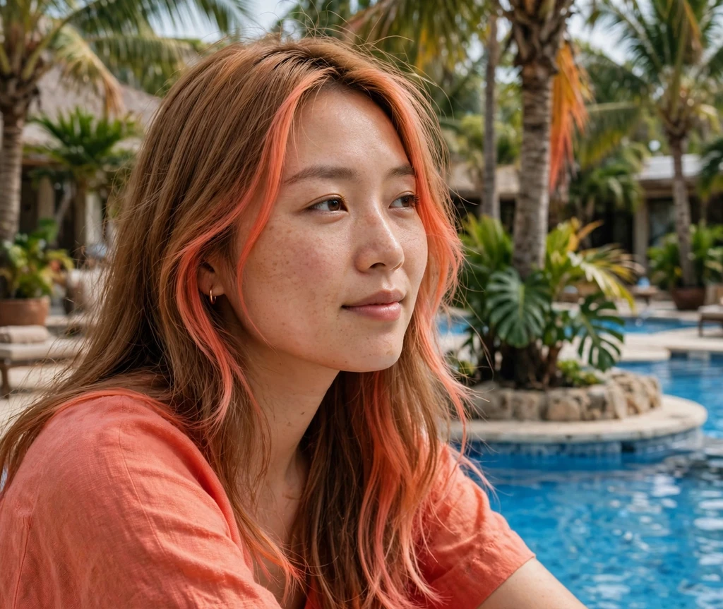 Woman with soft coral accent highlights by a tropical pool