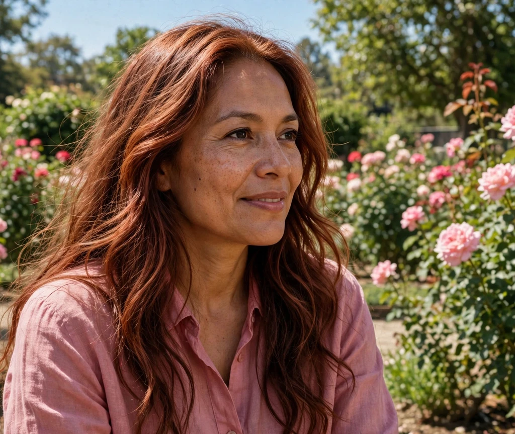 Woman with warm rosewood blended hair in a rose garden
