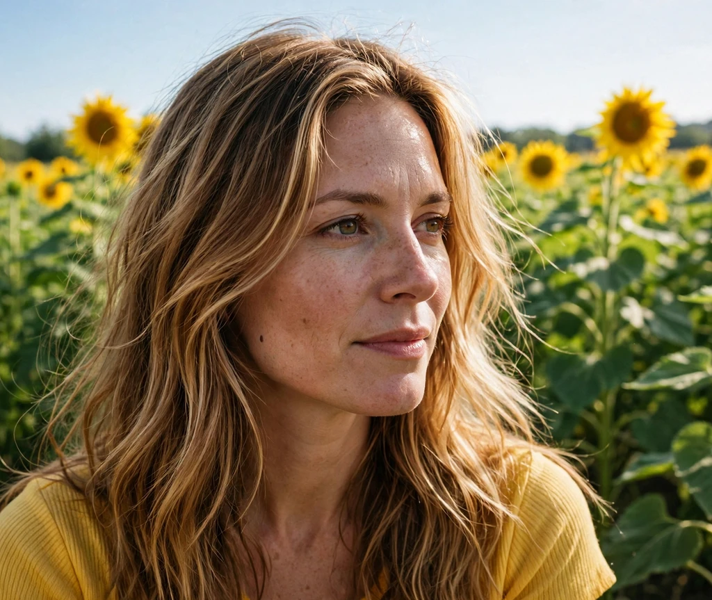 Woman with sunbeam caramel highlights in a bright sunflower field