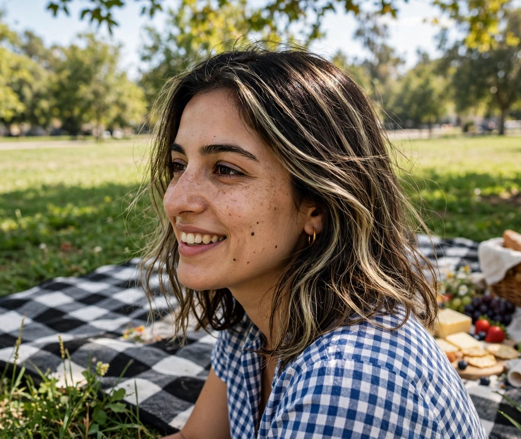 Woman with light gold babylights in fine hair at a sunny picnic
