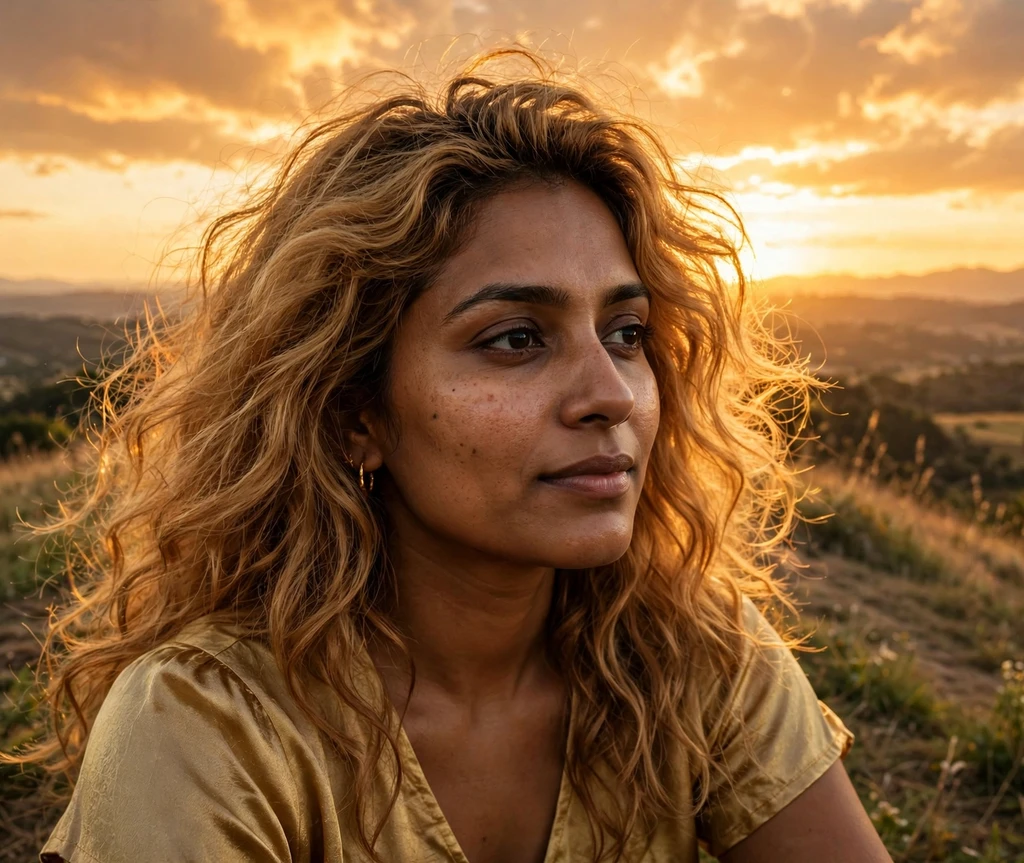 Woman with amber glow bronde hair at golden hour on a hilltop