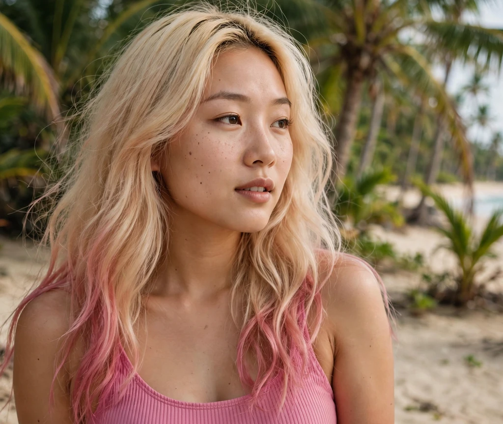 Woman with soft flamingo pink tipped hair on a tropical beach
