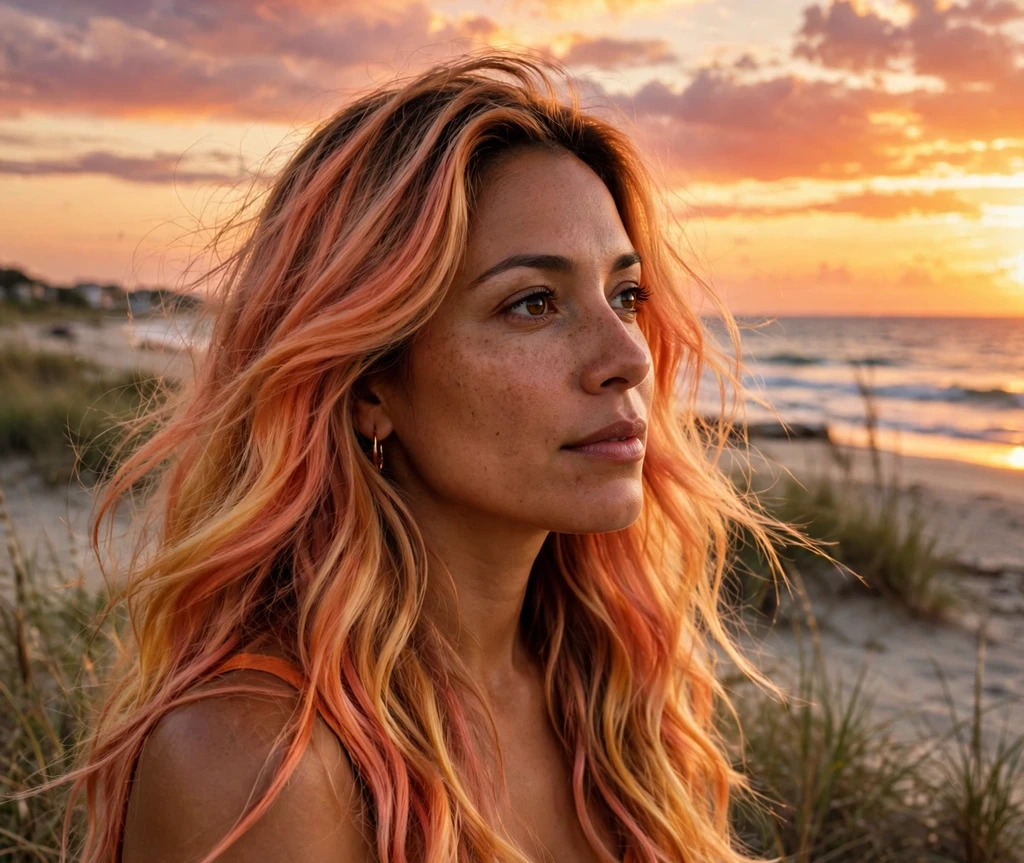 Woman with nectarine sunset blended hair watching the sunset