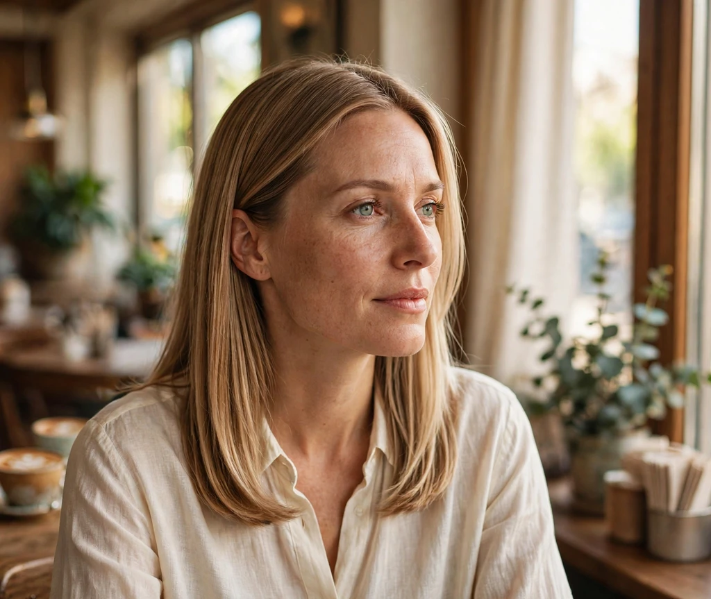 Woman with warm milk tea blonde hair in a cozy sunny café