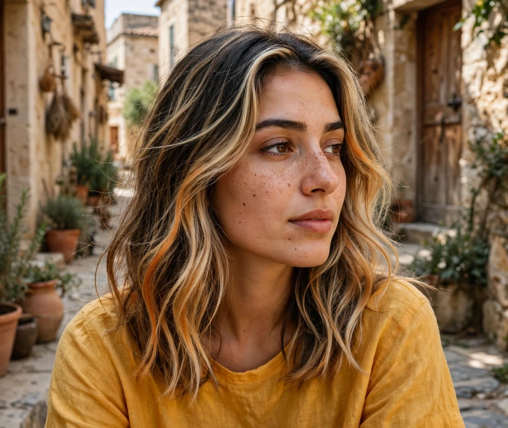 Woman with soft saffron highlights in a sunlit Mediterranean alley