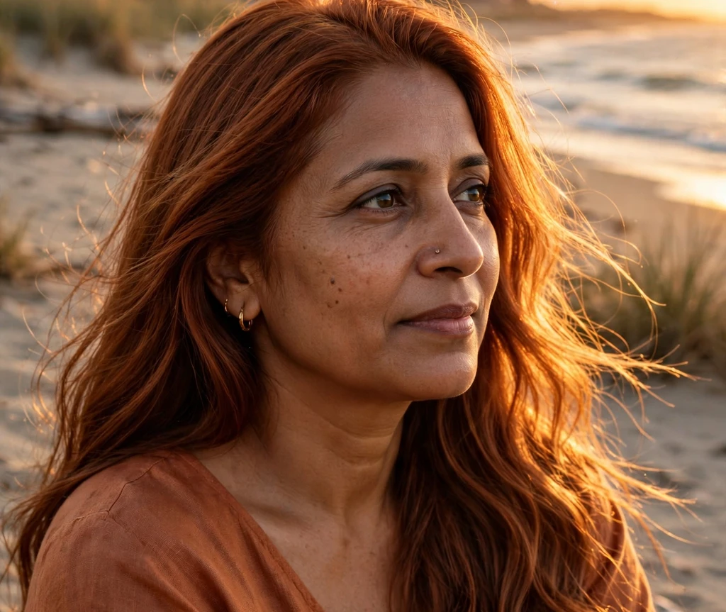 Woman with golden hour copper shiny hair on a warm evening beach
