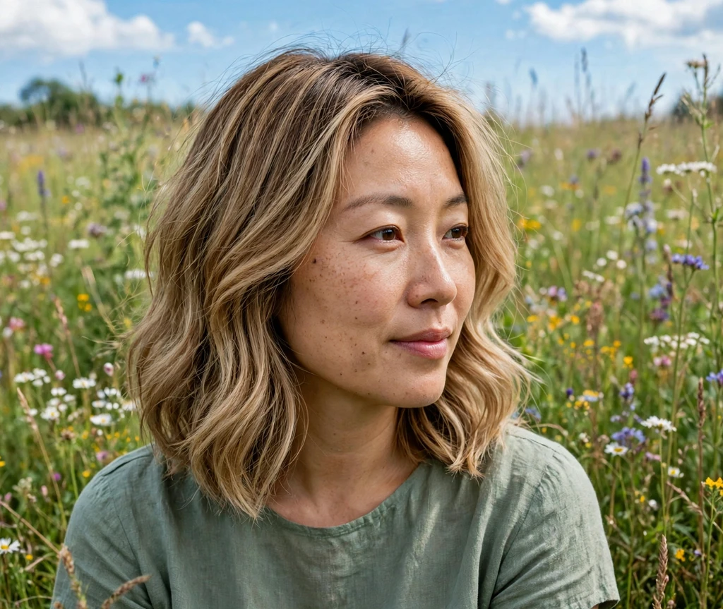 Woman with light honeyed balayage in a bright summer meadow