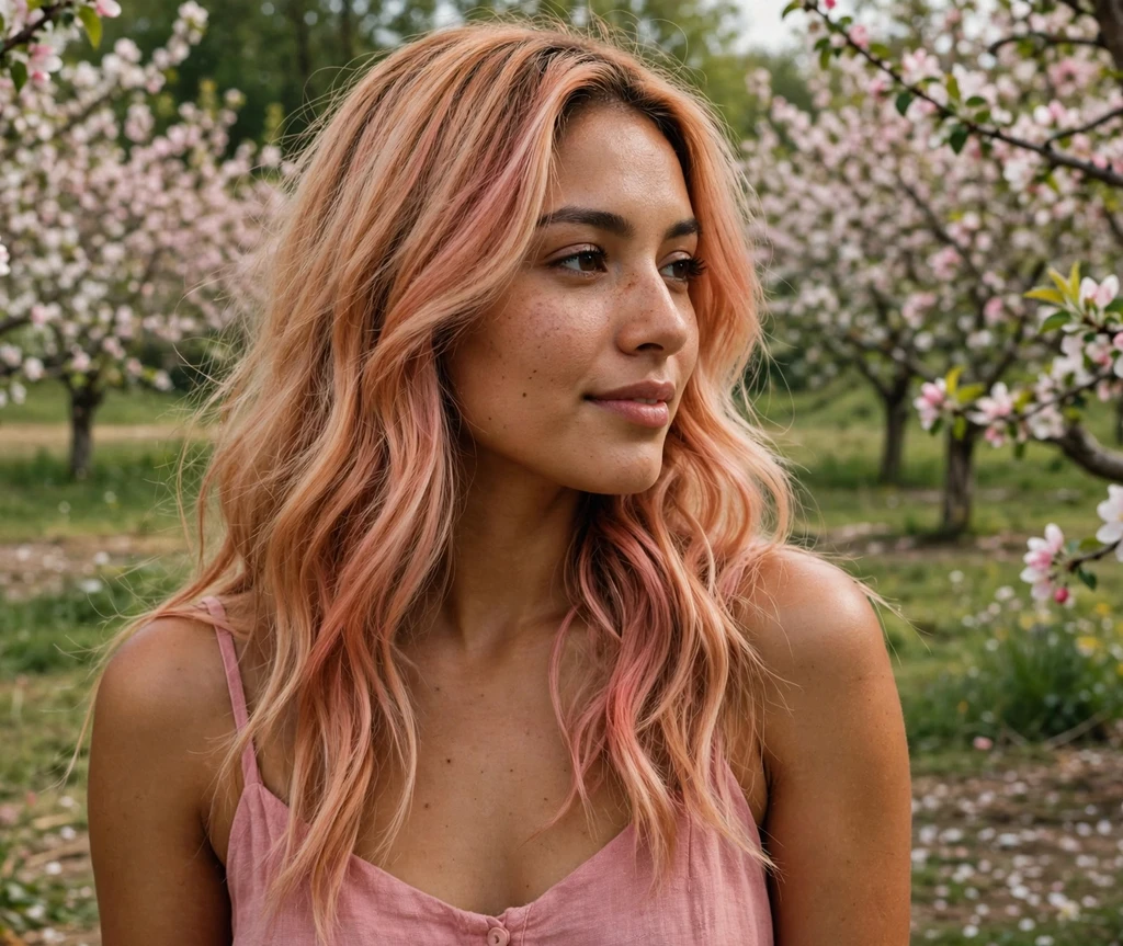 Woman with soft apricot rose melted hair in a blooming orchard