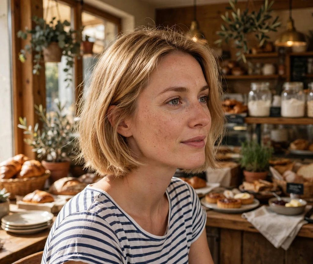 Woman with warm biscuit blonde bob in a sunny bakery café