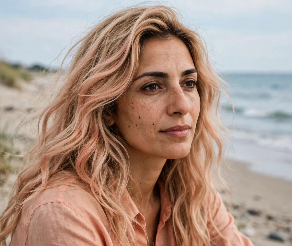 Woman with sandy peach wavy hair on a calm summer beach