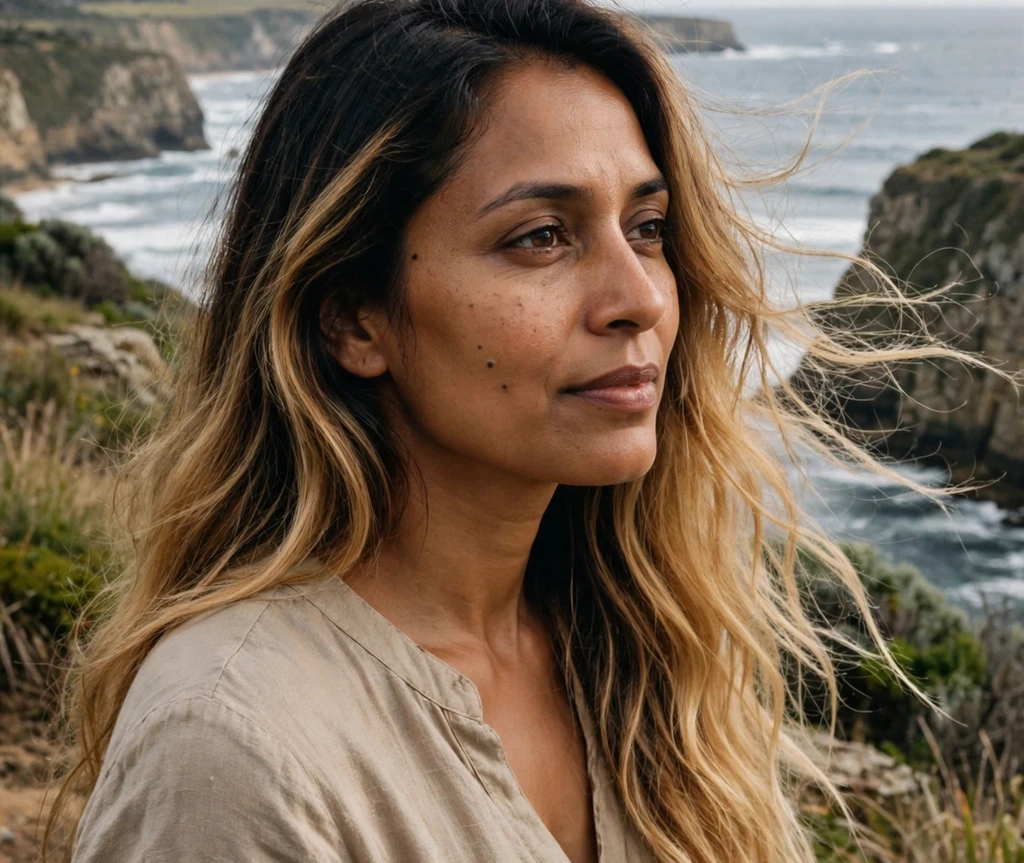 Woman with golden sand sombre hair on coastal cliffs