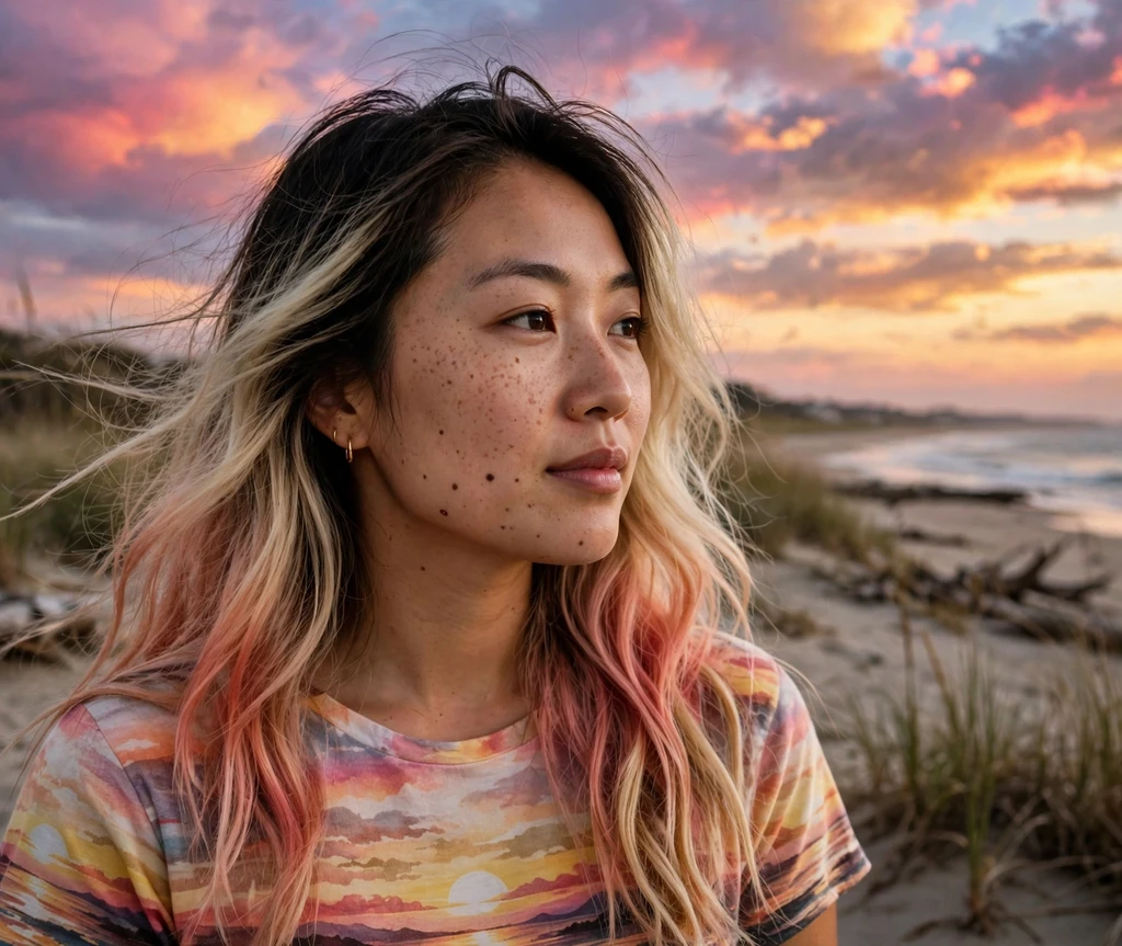 Woman with soft sunset ombre hair at dusk on the beach
