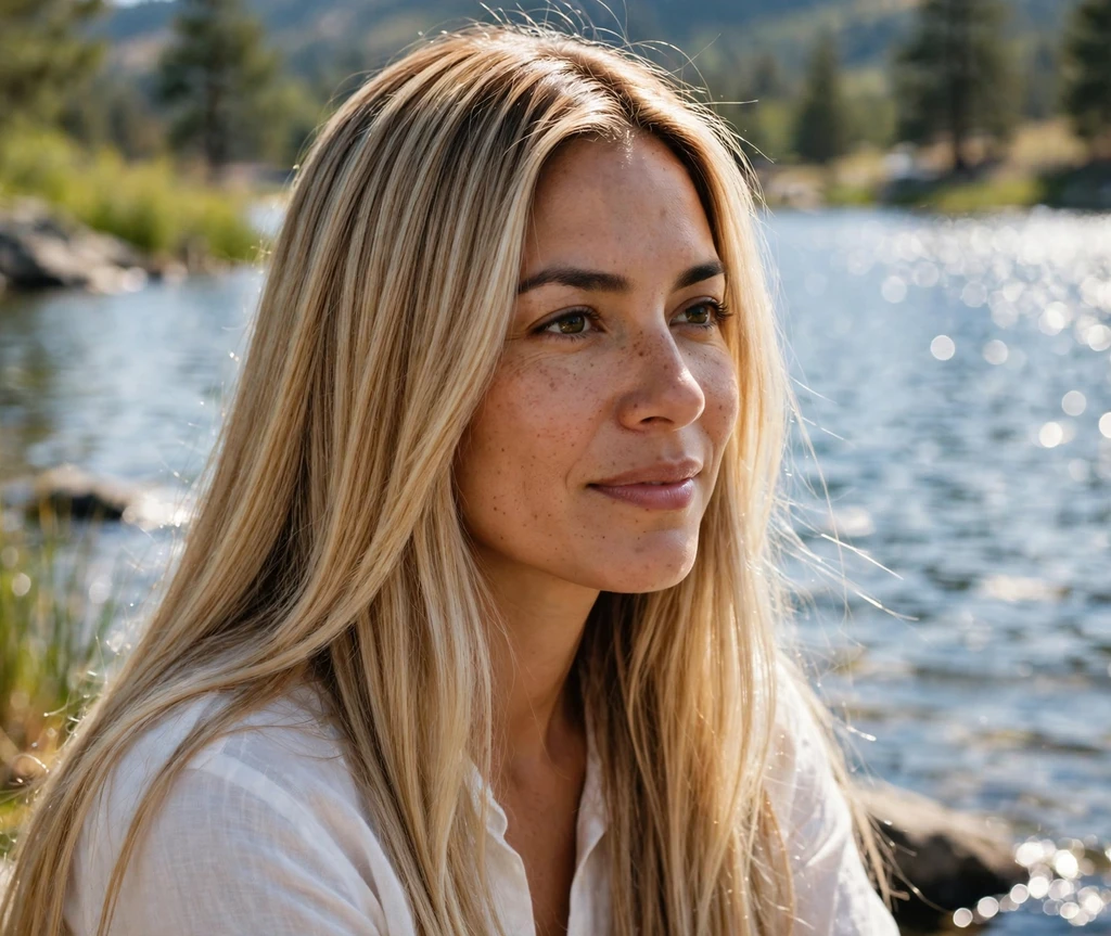 Woman with honeyed pearl blonde hair by a shimmering lake