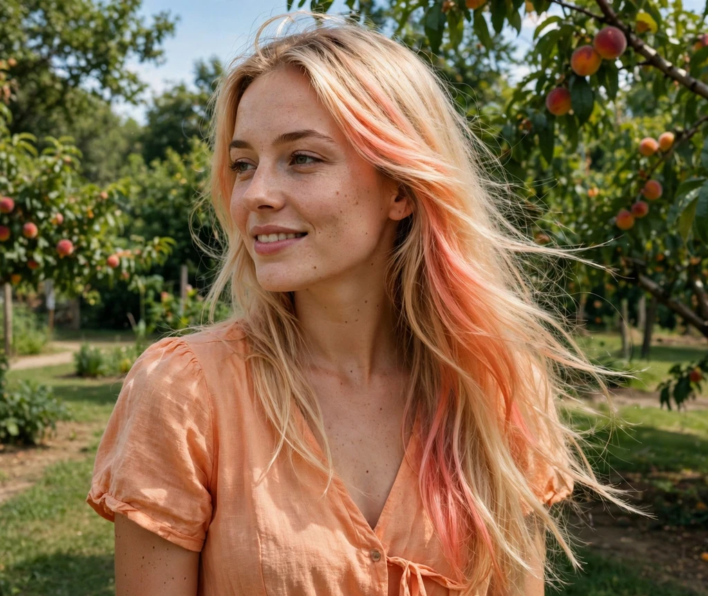 Woman with warm melon blush tinted hair in a summer fruit garden