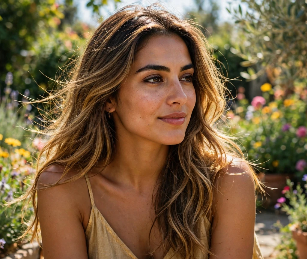 Woman with golden glow balayage hair in a sun-drenched garden