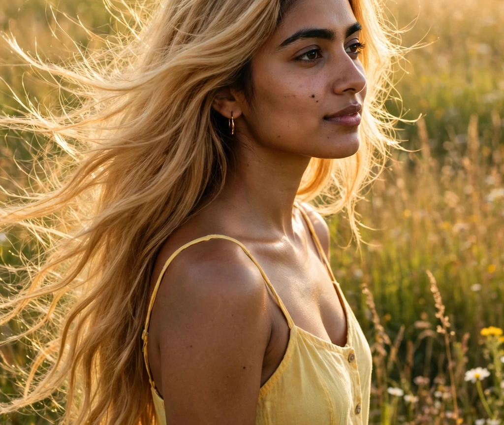 Woman with sunlit honey blonde hair glowing in the summer sun