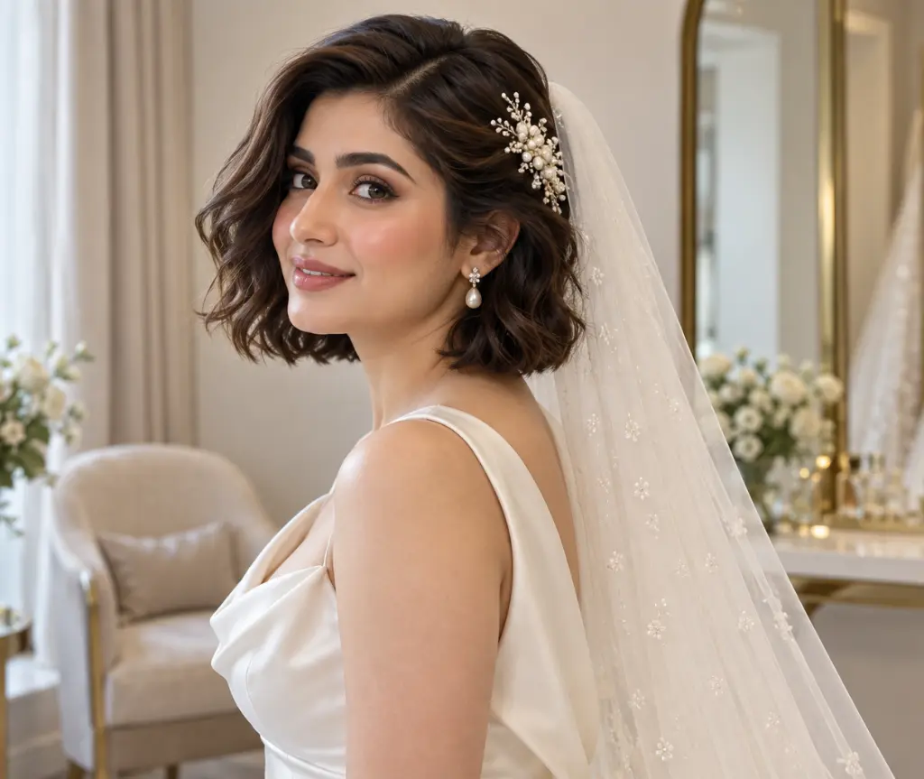 Soft Wavy Bob with a Pearl Comb and Fingertip Veil