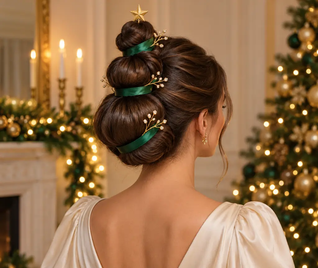 Stacked Buns Christmas Tree Updo