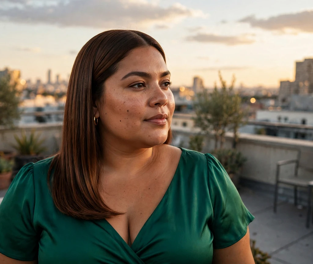 Plus-size Latina woman with mid-length sleek straight chestnut brown hair with a deep side part