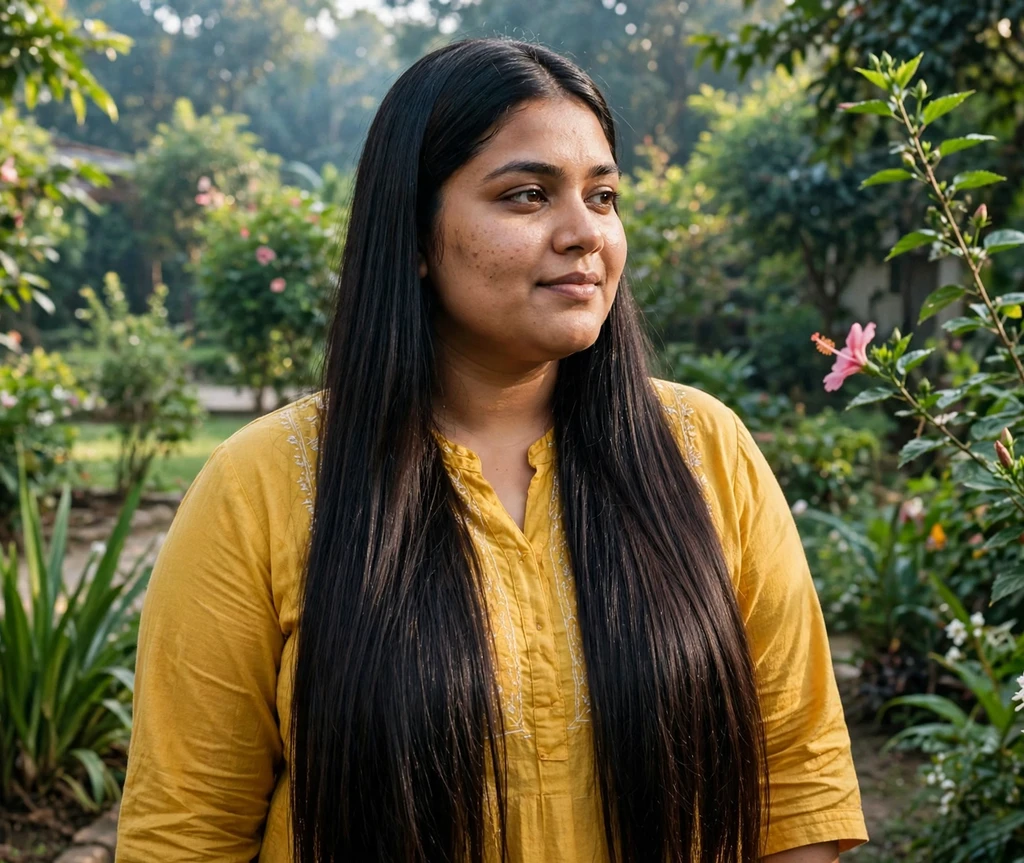 Plus-size South Asian woman with waist-length sleek pin-straight black hair with a middle part