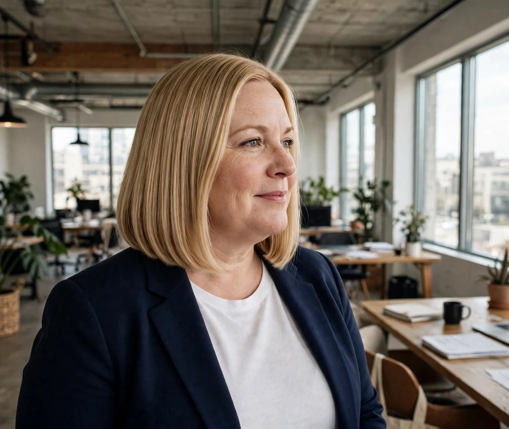 Plus-size white woman with a shoulder-length sleek straight honey blonde bob
