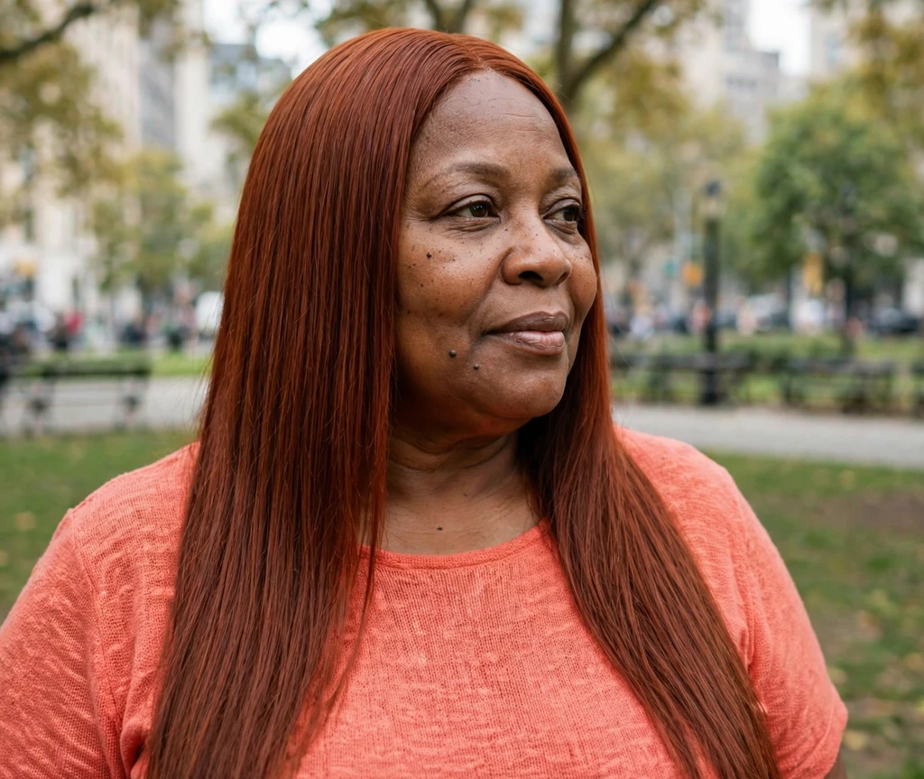 Plus-size Black woman with long sleek straight auburn hair with a middle part