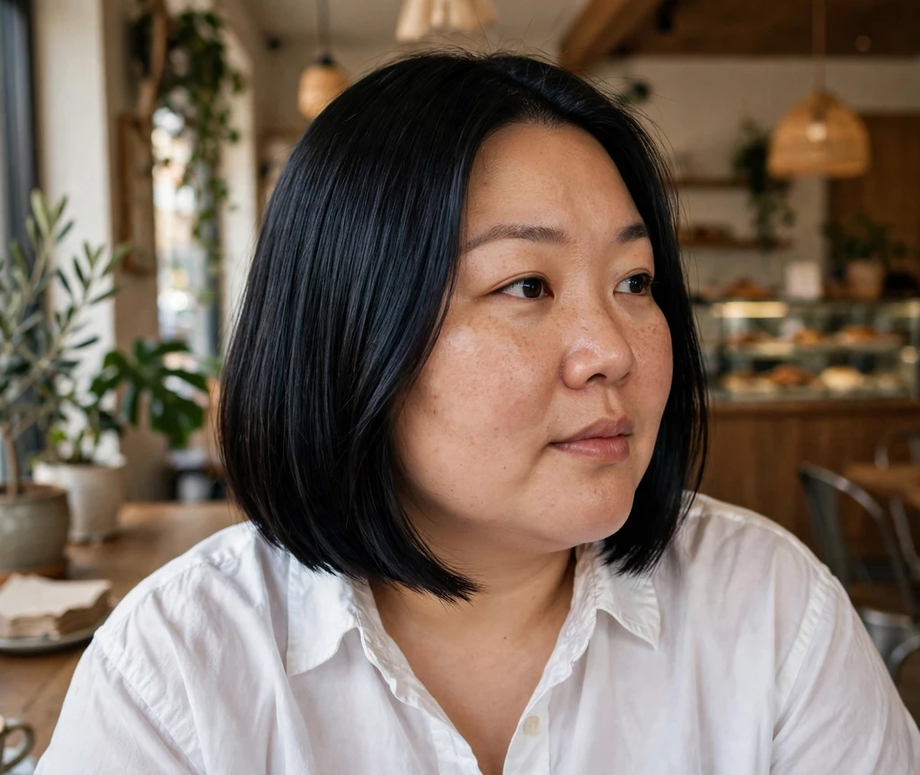 Plus-size East Asian woman with a chin-length sleek straight black bob haircut
