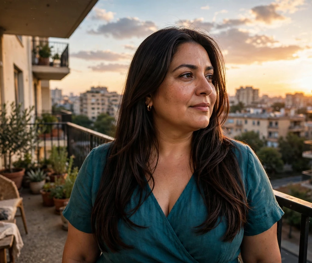 Plus-size Middle Eastern woman with long sleek straight dark brown hair with face-framing layers