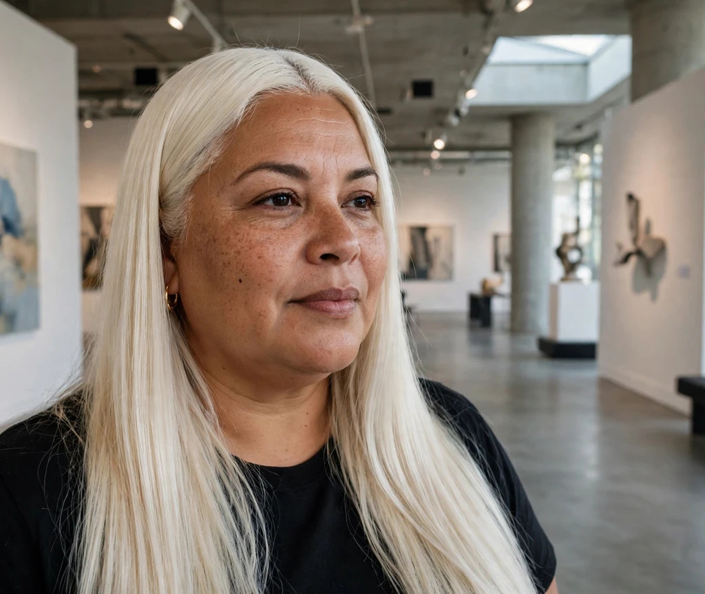 Plus-size Latina woman with long sleek straight platinum blonde hair