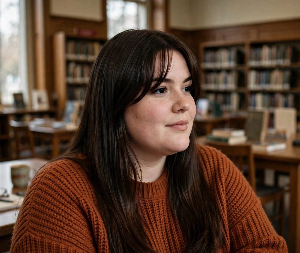 Plus-size white woman with sleek straight dark brown hair with soft curtain bangs