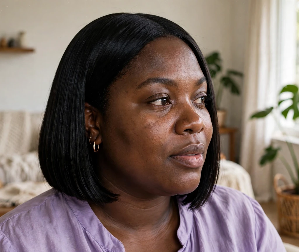 Plus-size Black woman with a sleek straight jet-black chin-length bob