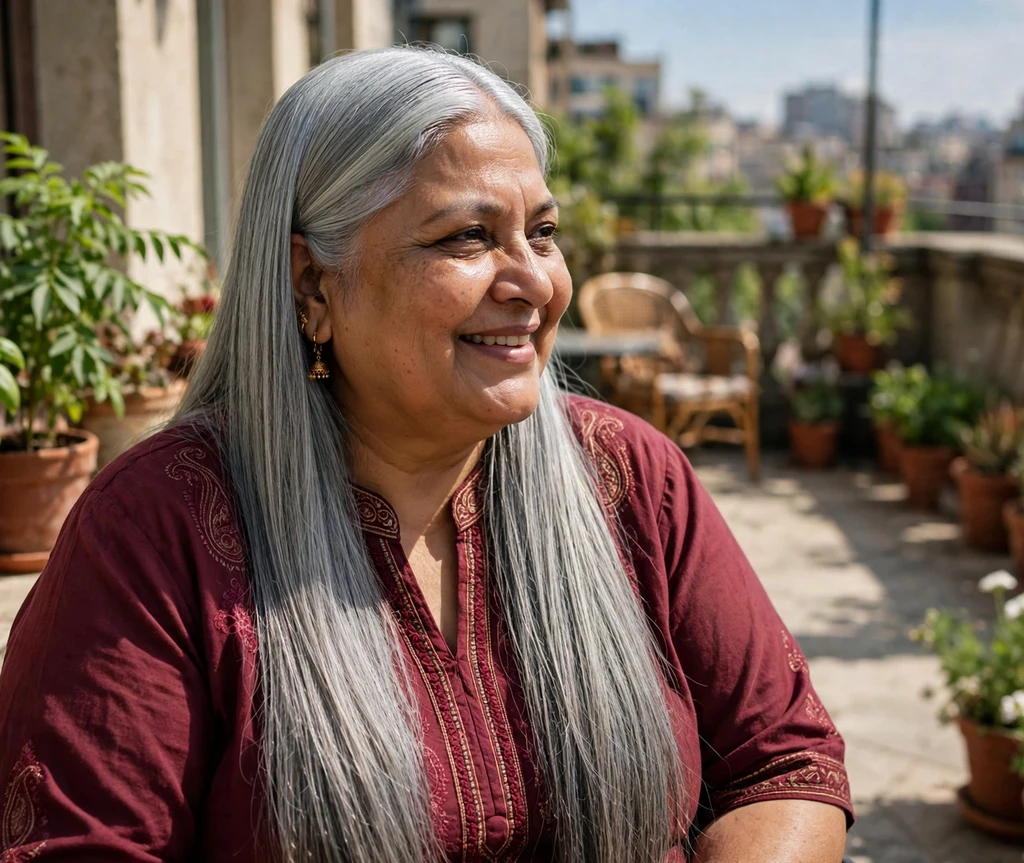 Plus-size South Asian woman with long sleek straight silver-gray hair