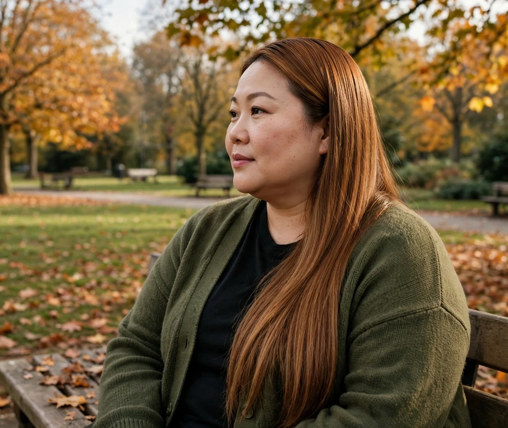 Plus-size East Asian woman with long sleek straight caramel brown hair