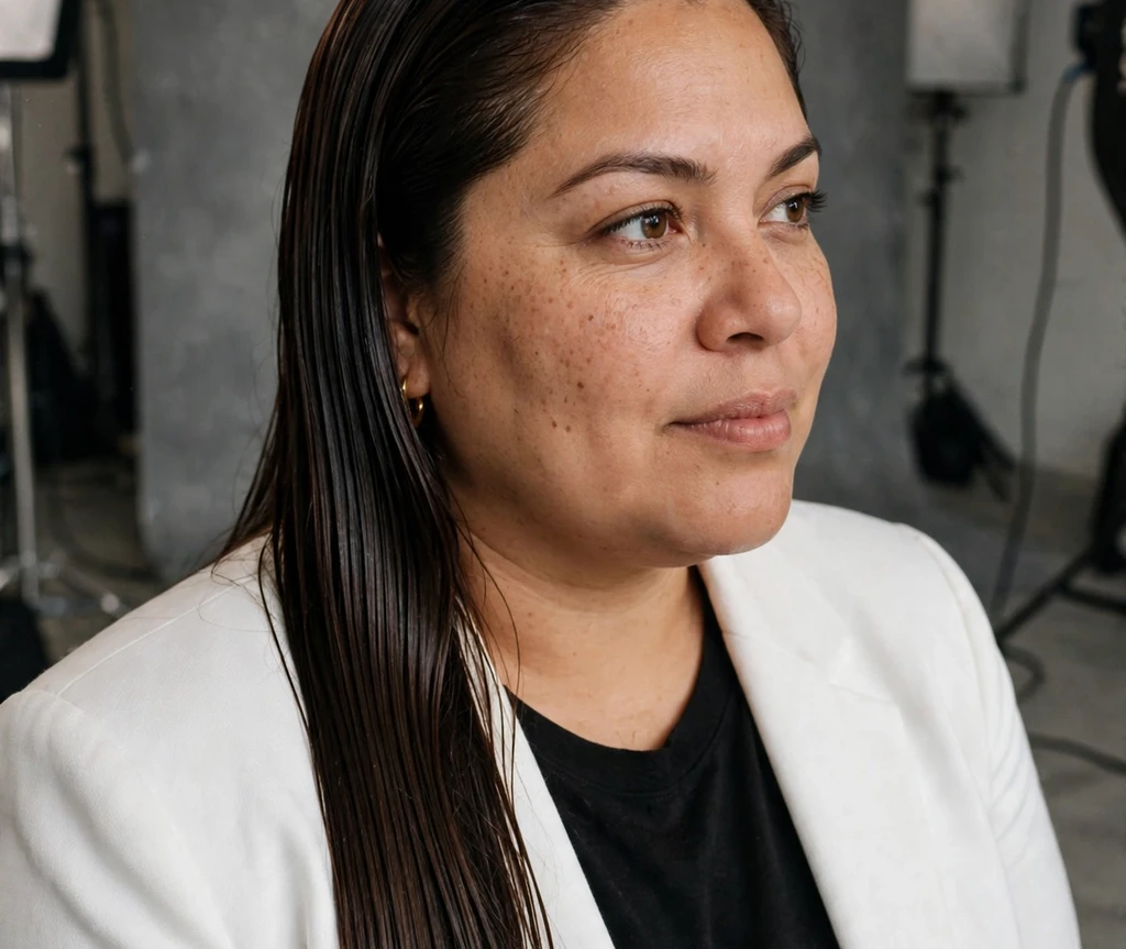 Plus-size Latina woman with long sleek wet-look straight espresso brown hair