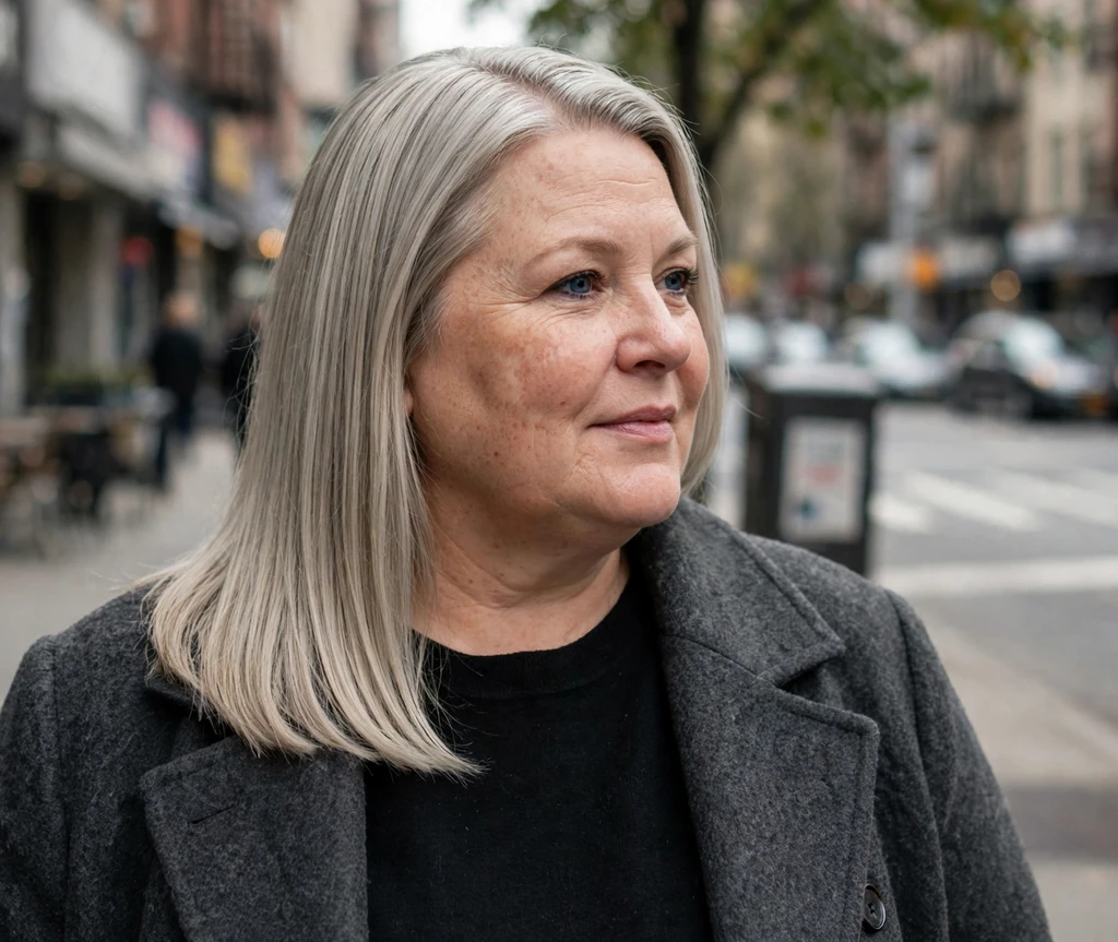 Plus-size white woman with sleek straight shoulder-length ash blonde hair