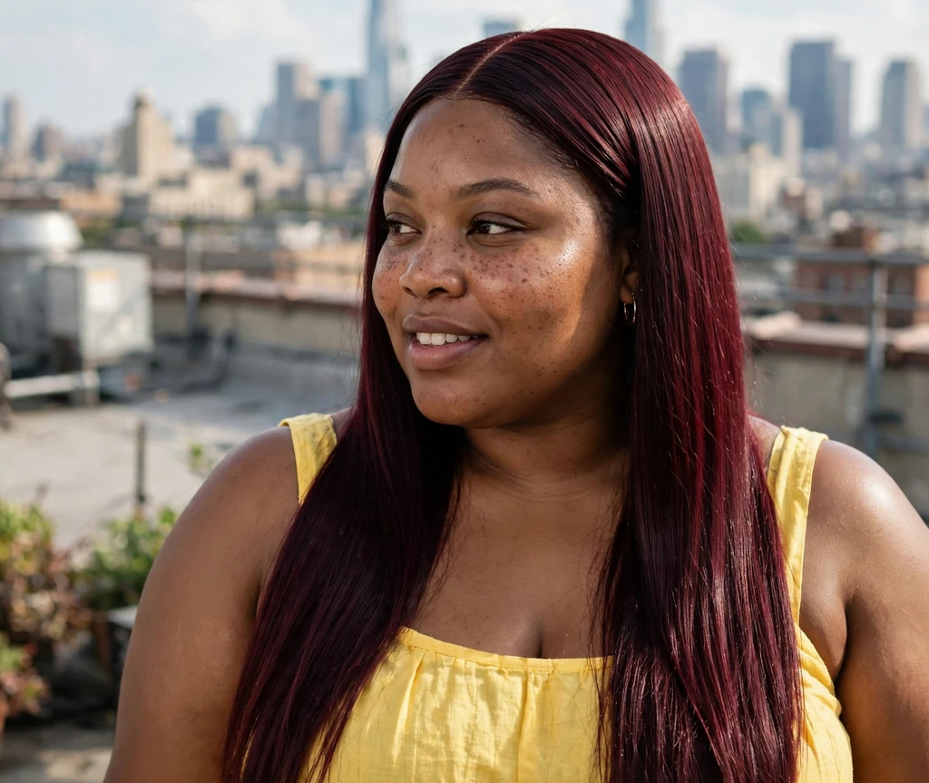 Plus-size Black woman with long sleek straight burgundy hair