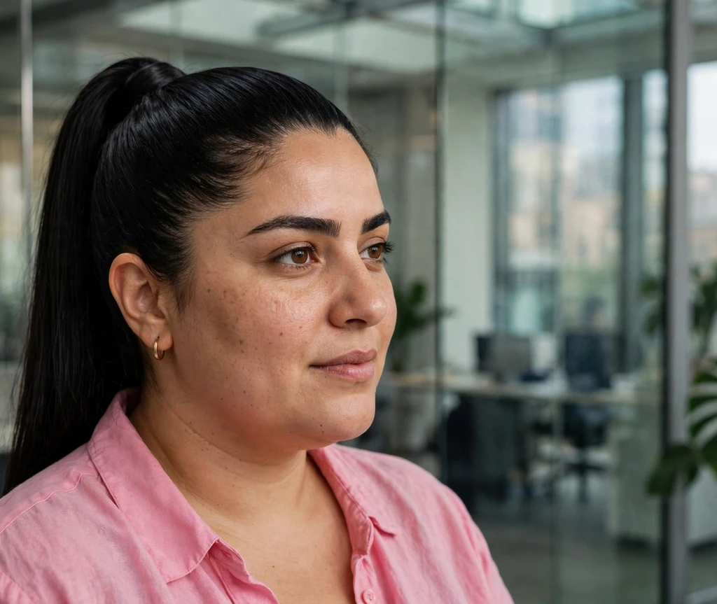 Plus-size Middle Eastern woman with a sleek straight low jet-black ponytail