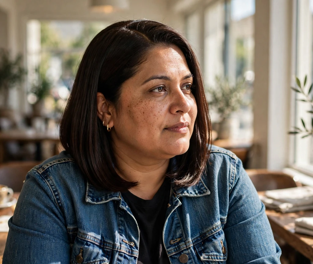 Plus-size South Asian woman with a sleek straight dark chocolate long bob
