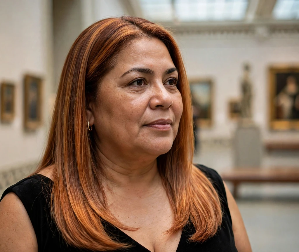 Plus-size Latina woman with long sleek straight hair with copper balayage