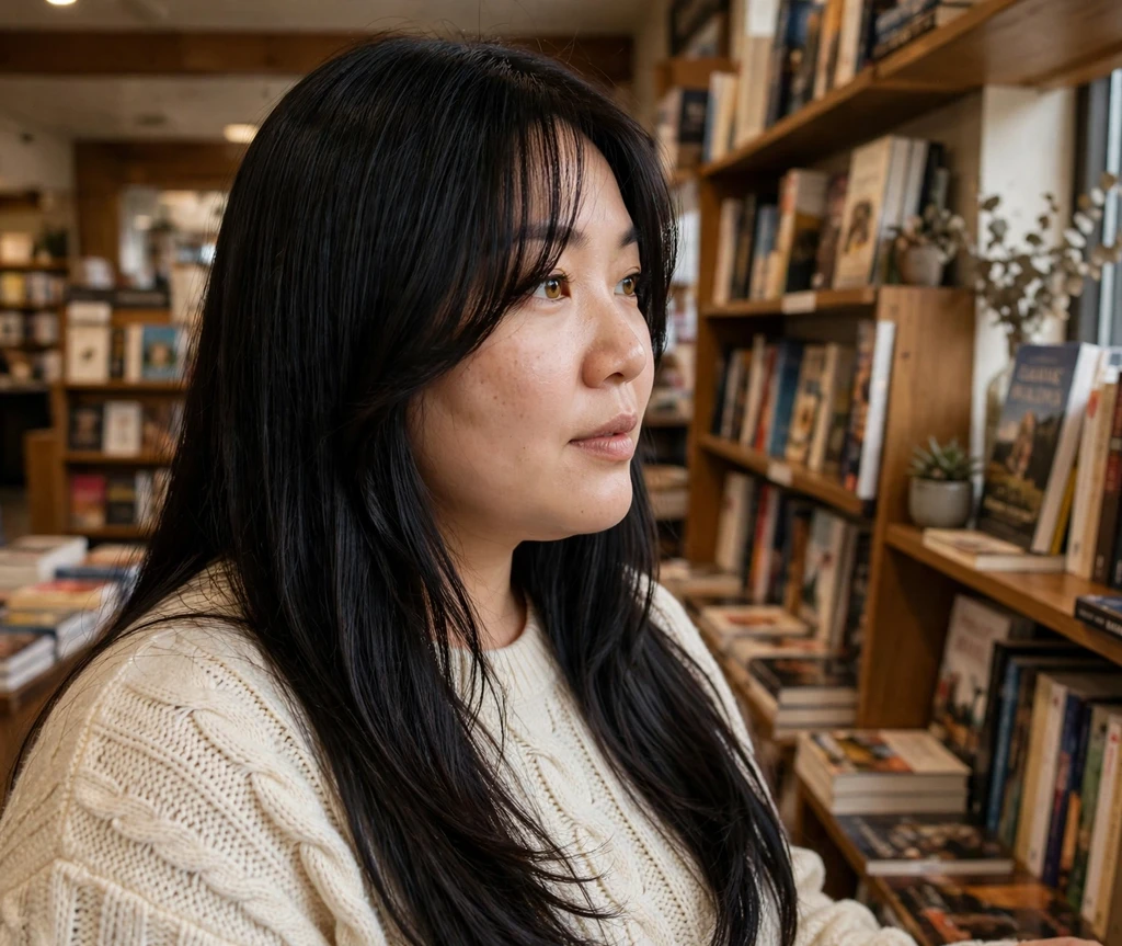 Plus-size East Asian woman with long sleek straight black hair with soft curtain layers