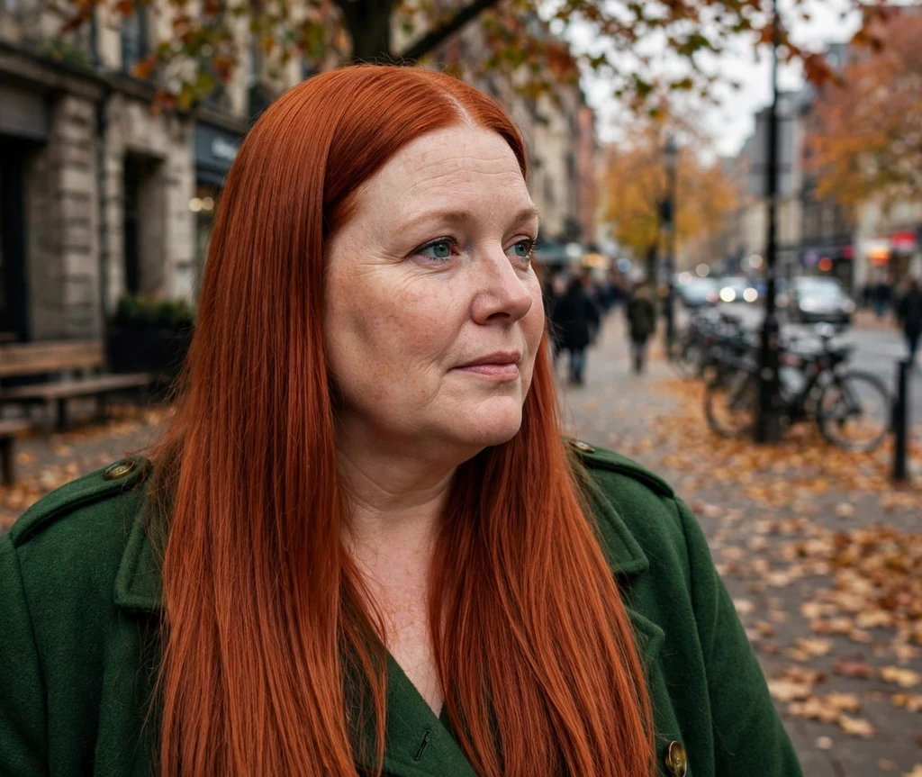 Plus-size white woman with long sleek straight copper red hair
