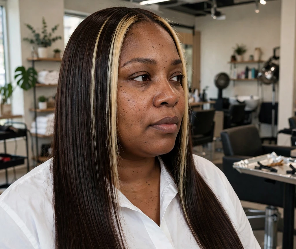 Plus-size Black woman with long sleek straight dark brown hair with blonde money-piece highlights