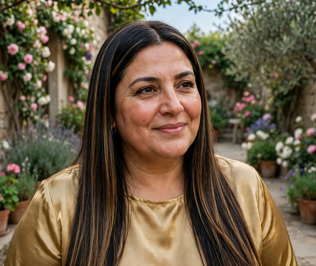 Plus-size Middle Eastern woman with long sleek straight hair with caramel highlights
